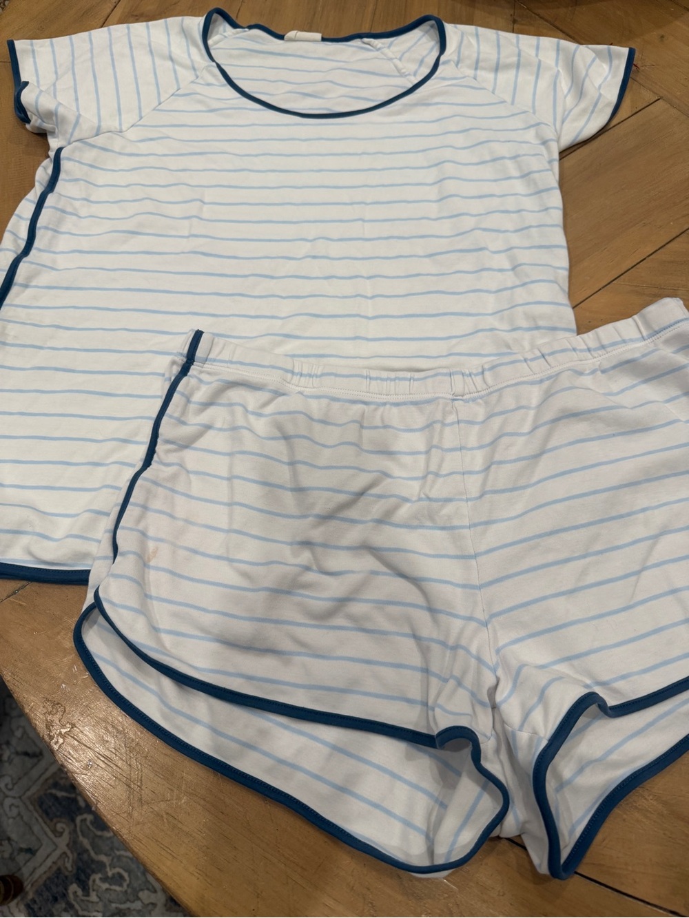 Lake Blue-Trim White Striped Pajama Set Medium - Picture 2 of 11